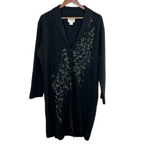 Field‎ Manor Duster Cardigan Sweater M Black Embroidered Boiled 100% Wool Floral